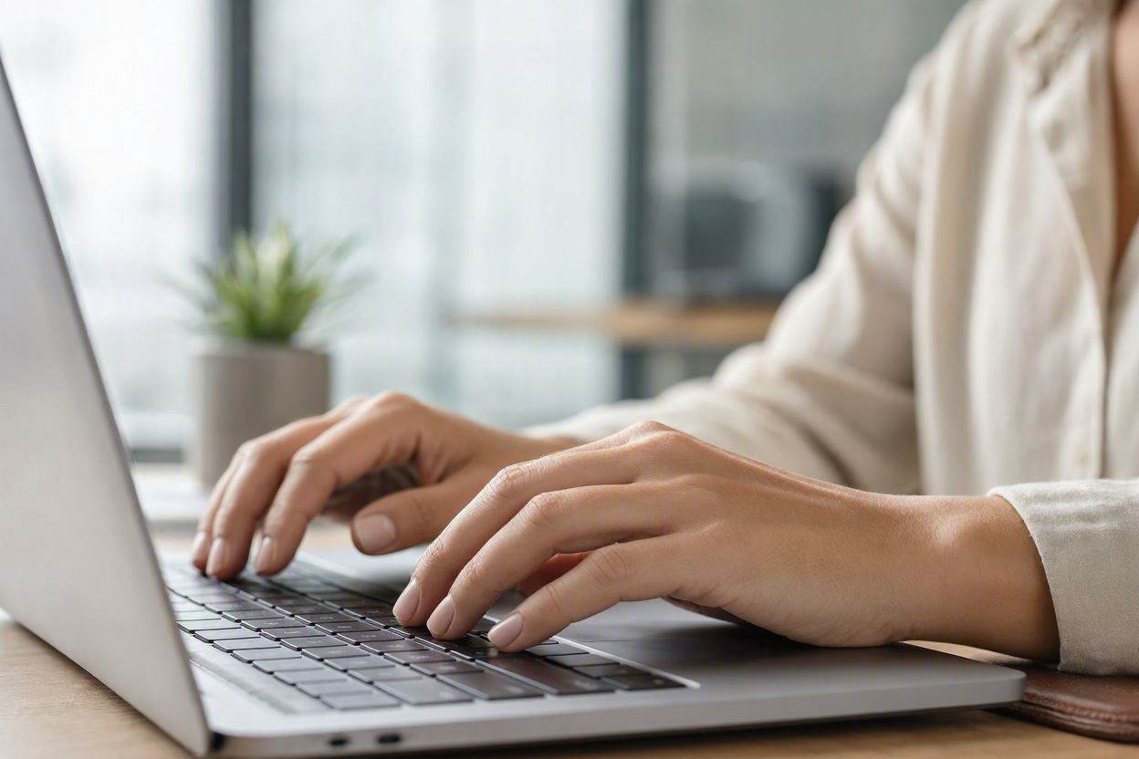 A person standing at a desk, typing on an external keyboard in front of a monitor, with a bookshelf, a small plant and office supplies nearby